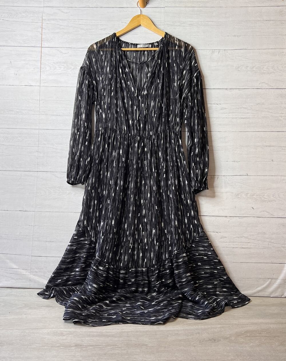 Vince Black & White Dress Womens Size S/P Brushstroke Shirred 100% Silk Dress